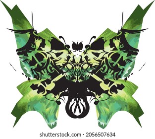 Green patterned butterfly wings on a white backdrop for your creative designs. Bright butterfly wings with floral motifs for holidays and events, prints, textiles, postcards, tattoo, covers, wallpaper