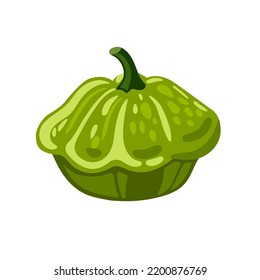 Green Pattypan Squash, Decorative Pumpkin, Gourd Vegetable. Hand Drawn Isolated Vector Illustration.