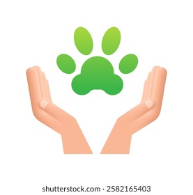 Green paw print held by two hands, symbolizing animal protection and care