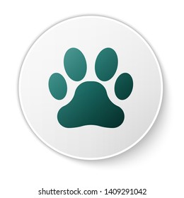 Green Paw print icon isolated on white background. Dog or cat paw print. Animal track. White circle button. Vector Illustration