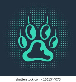 Green Paw print icon isolated on blue background. Dog or cat paw print. Animal track. Abstract circle random dots. Vector Illustration