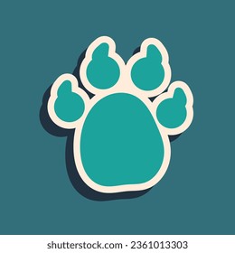 Green Paw print icon isolated on green background. Dog or cat paw print. Animal track. Long shadow style. Vector