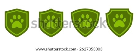 Green paw shield icons set. Collection of animal protection badges in flat style. Pet safety, vet security, rescue service and animal care symbols.