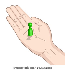 green pawn on hand palm, vector illustration
