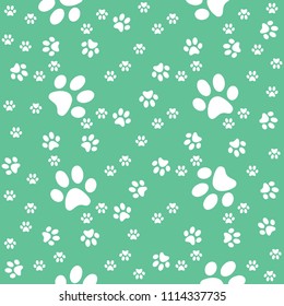 Green paws seamless background, paw pattern, vector illustration