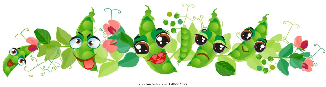 Green pea border. Cute cartoon emoji vegetables
