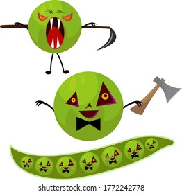 Green pea monsters for halloween cartoon characters on a white background texture closeup concept of mysticism and autumn holiday.