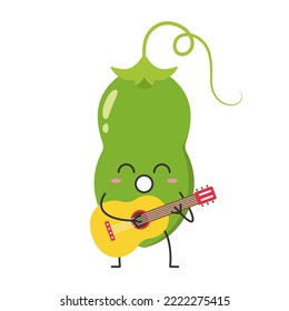 Green pea pod character cartoon plays the guitar sings cute smiling face cheerful kawaii joy happy emotions icon vector illustration.