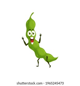 Green pea pod flat cartoon character comic emoticon isolated legume superfood hero with big eyes and hands. Vector edible beans, pigeon pea in peapod. Fresh veggies, vegetarian food, green legume