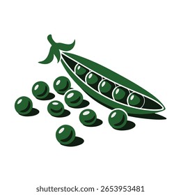 Uma vagem de ervilha verde com várias ervilhas espalhadas em torno dele em um fundo branco.