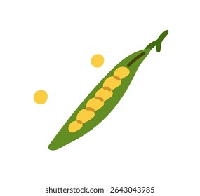 Green pea pod with yellow seeds. Fresh bean, legume icon. Natural vegetable, organic product. Healthy farm food, vegan eating. Agriculture crop. Flat isolated vector illustration on white background