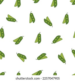 Green pea pods on a white background. Seamless vector simple pea pattern.