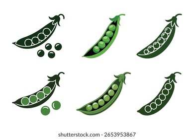 Vagem de ervilha verde e ervilhas em vários estilos em um fundo branco.