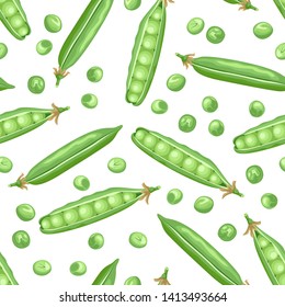 Green pea pods and pea seamless pattern on white background. Vector illustration of legumes in cartoon flat style.