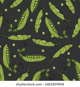 Green pea pods seamless pattern. Summer vegetable background. Healthy food, vegan.