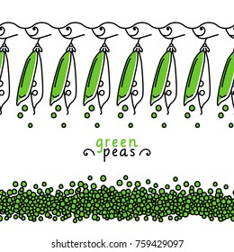 Green pea. Seamless pattern of pods and peas. Vector illustration.