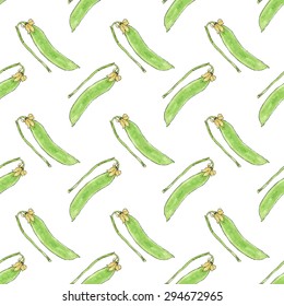 Green pea. Seamless pattern with vegetables. Hand-drawn background. Vector illustration. Real watercolor drawing.