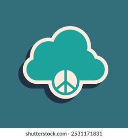 Green Peace cloud icon isolated on green background. Hippie symbol of peace. Long shadow style. Vector