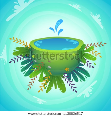 green peace half planet with water splash drops , cheerful plants and flowers . concept cartoon funny cute vector illustration