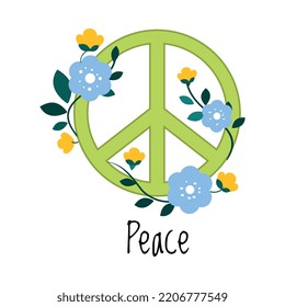 Green Peace Sign with Blooming Flowers as Symbol of Friendship and Harmony Vector Illustration