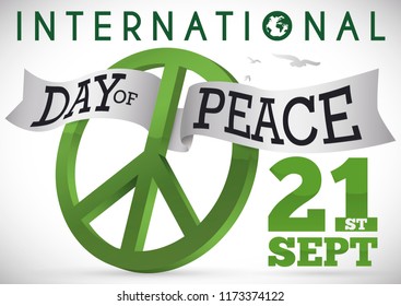 Green peace symbol with entwined ribbon and some doves flying to commemorate International Day of Peace this 21st September.