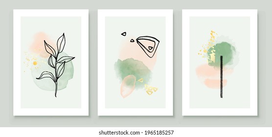 Green and Peach Abstract Watercolor Compositions. Set of soft color painting wall art for house decoration or invitations. Minimalistic background design. Vector wall art plants in a minimalist style.