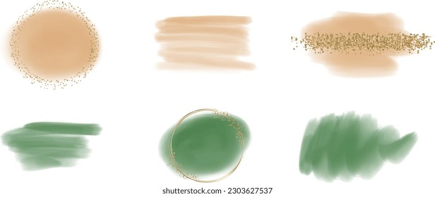 Green and peach watercolor hand drawing splashes with golden glitter frames