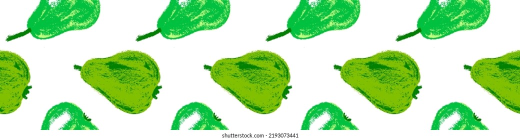 Green pear banner template. Fruit pattern seamless with fruit hand drawn pencil illustrations for vegan banner, juice, baby food packaging, jam label design. Vector organic fruits background.