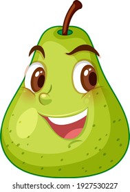 Green pear cartoon character with happy face expression on white background illustration