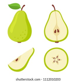 Green pear cartoon set. Cross section of cut pear and whole fruit, isolated vector illustration.