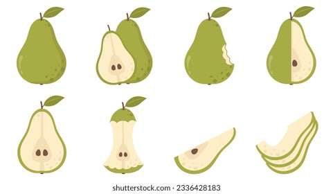 Green pear cartoon set. Cross section of cut pear and whole fruit. Vector illustration. Green pear isolated on white background. Cut green pear.