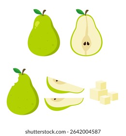 Green pear cartoon set. Fruit illustration. Can be used for wallpaper, kitchen element and sticker