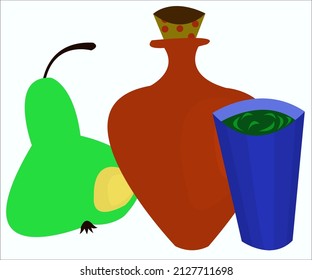 A green pear, a ceramic jug and a blue glass with green beverage. This illustration can be used as a logotype for a cafe and a bar. Vector illustration, isolated.