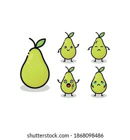 Grüner Birnencharakter mit lustigem Gesicht. Happy süße Cartoon Birne Emoji Set. Gesunde vegetarische Ernährungsweise Vektorgrafik