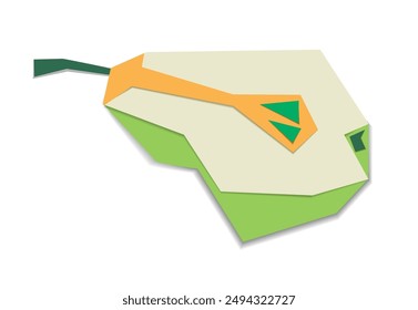 Green pear from colored cardboard on a white background. Half of the fruit. Lesson of arts and crafts. Paper cutting, uneven edge. Handmade