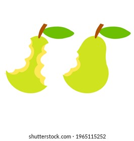 Green pear core. Flat cartoon illustration. Bitten sweet fruit. Garbage and food