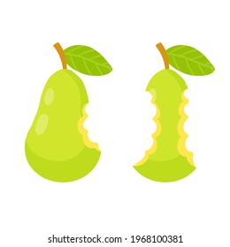 Green pear core. Flat cartoon illustration. Bitten sweet fruit. Garbage and food