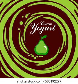 Green Pear. Cream Yogurt. Chocolate swirl background. Vector Illustration
