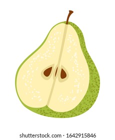 Perla verde cortada por la mitad. El núcleo con las semillas. Aislado sobre un fondo blanco. Ilustración vectorial.