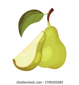 Green Pear with Cut out Segment Showing Sweet Flesh Vector Illustration
