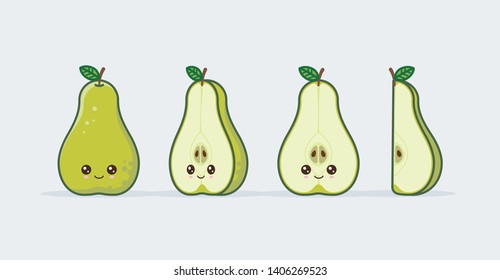 Green pear cute kawaii mascot. Set of funny kawaii drawn fruit in the cut