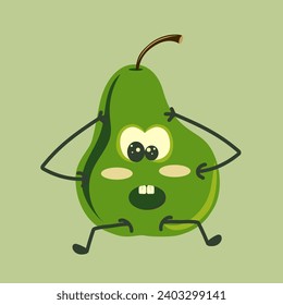 A green pear with eyes and mouth, arms and legs in shock. The cartoon style and simple elements convey emotions of surprise and panic.