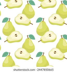 Green pear in flat style. Pattern with ripe pear on a transparent background. Seamless pattern for textile, wrapping paper, background.	