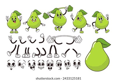 Green Pear Fruit Cartoon Groovy Character Construction Kit. Isolated Vector Set Of Retro Hippie Personage Facial Emotion