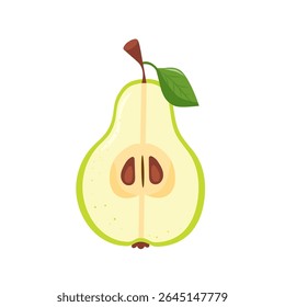 Green pear fruit cut in half isolated on white background. Vector illustration