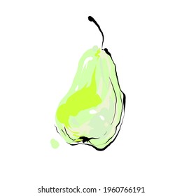 Green pear fruit Hand drawn ink style painting on white background