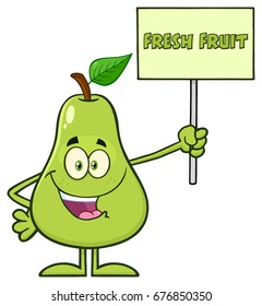Green Pear Fruit With Leaf Cartoon Mascot Character Holding A Sign With Text Fresh Fruit. Vector Illustration Isolated On White Background