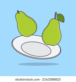 Green Pear Fruit On A Plate Cartoon Vector Illustration. Pear Fruit Flat Icon Outline
