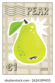 green, pear, fruit postage stamp template. Vector vintage style design isolated on transparent background. Hand-drawn mail postmark with exotic tropical fruit . Bright and trendy cartoon sticker.