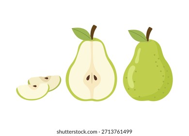 Grünes Birnenfrucht-Set. Ganz und geschnitten. Geeignet für ClipArt, Aufkleber, flache Designgrafik usw. 